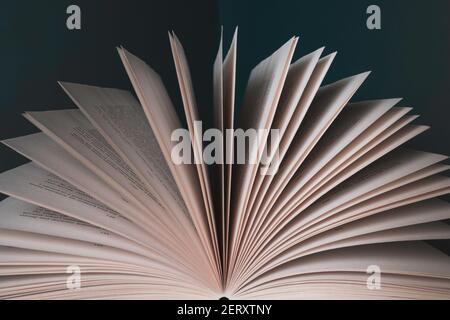 Symmetrische Aufnahme eines offenen Buches. Seiten in beide Richtungen aufgefächert. Gestochen scharfe weiße Seiten vor dunklem Hintergrund Stockfoto