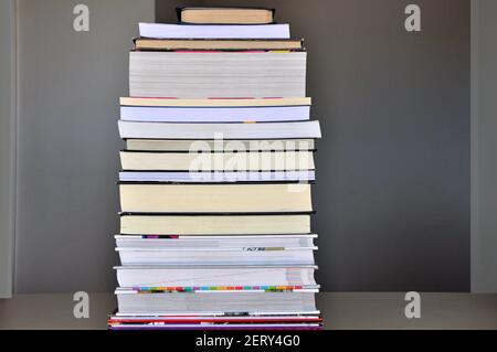 Bücher, Stapel von Büchern auf einem Tisch bilden eine Pyramide des Wissens, Bücher von verschiedenen Stilen und Farben,. Brasilien, Südamerika Stockfoto