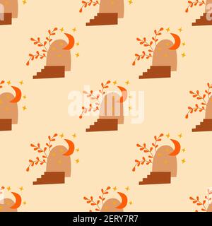 Abstrakt nahtlose Muster Bogen und Pflanze, Treppen mit Stufen, Halbmond und Sterne beige Hintergrund. Modische Geschenkverpackung. Farbenfrohe Vektorgrafik Stock Vektor