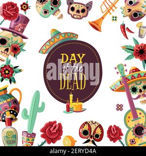 Dead Day quadratischen Rahmen Poster mit Event-Symbole dekorativen Rand Gitarre scull in Sombrero Kaktus Vektor-Illustration Stock Vektor