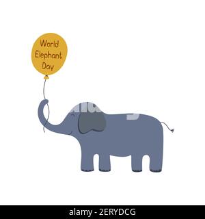 Niedlichen blauen Elefanten mit einem Ballon und die Inschrift Welt Elefant Tag. Bunte Vektor isolierte Illustration im Cartoon-Stil. Postkarte oder Poster. Stock Vektor