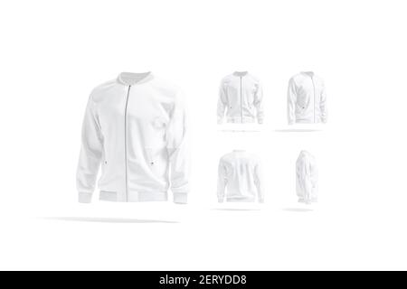 Blank weiße Bomberjacke Mockup, verschiedene Ansichten Set, 3D Rendering. Leerer Sport männlicher Windbreaker mit Ärmel und Reißverschluss, isoliert. Löschen sie jer Stockfoto