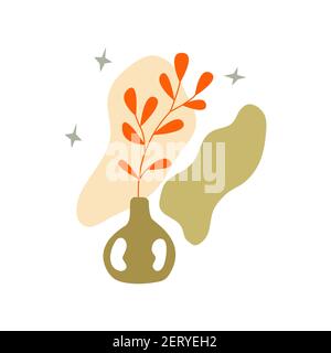 Abstrakte Kunst Formen und Pflanzen in Vase, Sterne. Hintergrund wird gemalt. Moderne trendige Kunst. Bunte Boho Vektor Illustration Hand gezeichnet isoliert Stock Vektor