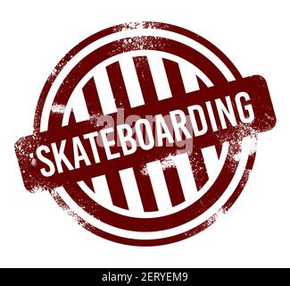 Skateboarding - roter runder Grunge-Knopf, Stempel Stockfoto