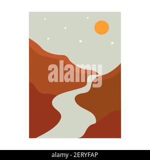 Schöne minimalistische Berglandschaft mit Fluss, Nachthimmel, Mond und Sternen. Malerei trendy für ein Interieur mit der Natur. Bunte Vektor illustrati Stock Vektor