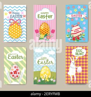 Frohe Ostern Karten Set mit Kaninchen, Ei. Mini Poster Kollektion. Vektorgrafik, isoliert Stock Vektor