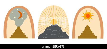 Set von abstrakten Kunstbogen und Sonne, Treppen mit Stufen, Halbmond und Sterne Malerei Hintergrund. Treppe zum Himmel zur Sonne. Moderne trendige Kunst. Farbig Stock Vektor