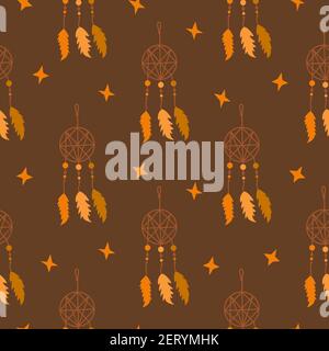 Nahtloses Muster Dreamcatcher mit drei Federn. Schützendes Amulett gegen Schlaflosigkeit und Alpträume. Bunte Vektor-Illustration in Boho-Farben, eth Stock Vektor