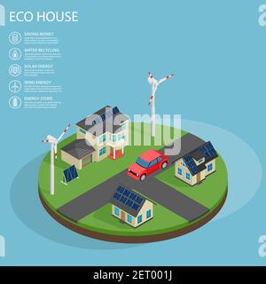 Modernes grünes Öko-Haus mit Garage Rasen Sonnenkollektoren produzieren Strom auf dem Dach und zwei Windturbinen isometrische Abbildung Stock Vektor