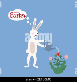 Cute osterhase Bewässerung Blumen aus einer Gießkanne, frohe ostern, Vektor, Illustration, isoliert Stock Vektor