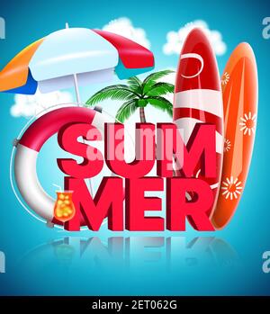Sommer Vektor Konzept Design. Sommer 3D Text mit Surfbrett, Rettungsring und Sonnenschirm Strand Element in blauem Hintergrund für entspannende tropische Urlaubszeit. Stock Vektor