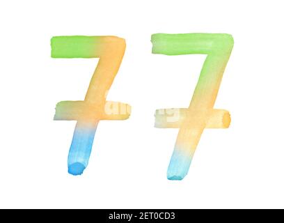Aquarellnummern, handgezeichnet mit dem Pinsel. Mehrfarbiges Vintage-Symbol. Vorlage für Grüße, Design, Postkarten, Dekoration. Stockfoto