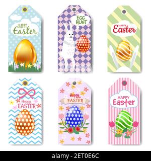 Set Ostern Tags Etiketten mit niedlichen Cartoon Kaninchen, Blumen, realistische Eier. Vektor für Frühlingsgrüße Stock Vektor