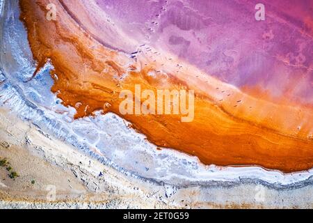 Abstrakte Ansicht von rosa See Salzwasser von Drohne. Kreative Natur Farbkonzept. Draufsicht Hintergrund Stockfoto