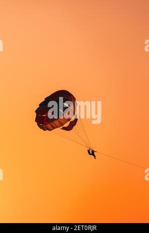 Parasailers Fliegen Auf Buntem Fallschirm Im Sonnenuntergang Sonnenaufgang Himmel. Aktiver Hobby Stockfoto