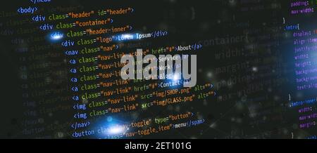 html Front-End Web Entwicklung Programmiersprache für Website-Codierung. Mixed-Media-Banner Stockfoto