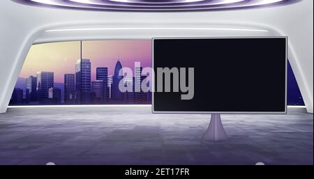 Futuristische virtuelle Kulisse mit Bildschirm. Ideal für tv-Shows, Präsentationen oder Veranstaltungen. Ein 3D Rendering, geeignet für VR-Tracking-System-Sets, mit gr Stockfoto