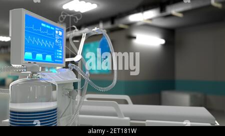 Medizinische Beatmungsgeräte auf der Intensivstation in der Klinik, cg Medicine 3D Illustration Stockfoto