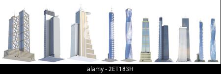 10 verschiedene Seitenansicht detailreiche Renderings von fiktionalen Design-Hightech-Häusern mit blau-wolkigen Himmelsreflexen - isoliert, 3D Architekturdarstellung Stockfoto