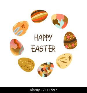 Runder Rahmen aus Ostereiern und die Inschrift Happy Easter in der Mitte. Traditionelles Symbol für die orthodoxen und katholischen Feiertage. Alles gute Stock Vektor