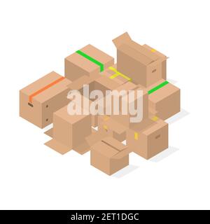 Ein Bündel von Kartons auf weißem Hintergrund isoliert. Designelemente für die Verpackung. Flache 3D-Isometriedarstellung, Vektordarstellung. Stock Vektor