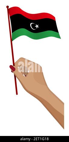 Weibliche Hand hält sanft kleine Libysche Flagge. Design-Element Urlaub. Cartoon-Vektor auf weißem Hintergrund Stock Vektor