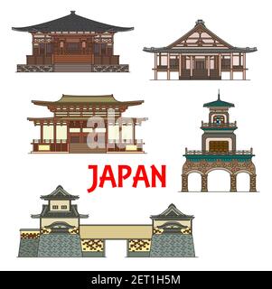Japanische Wahrzeichen und Tempel, japanische Türme, Tore und Pagoden, Vektor-Ikonen. Muro-ji Tempel in Uda Nara, Shoren-ji in Takayama, Oyama Schrein, Narita Stock Vektor