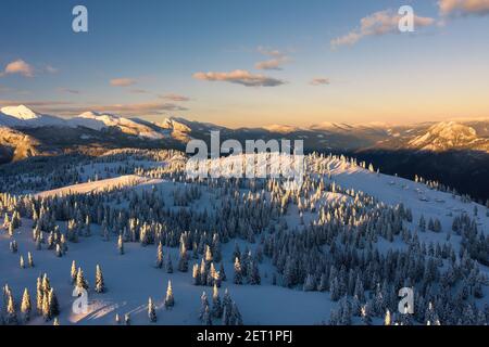 Luftaufnahme der Winterlandschaft Wald mit schönen Sonnenuntergang in der Ferne. Stockfoto