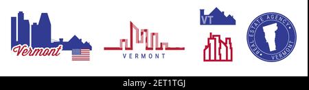 Vermont Immobilienagentur. SYMBOLSATZ FÜR US realty Emblem. Flache Vektorgrafik. Farben der amerikanischen Flagge. Große Stadt und Vororte. Einfache Silhouette Karte in Stock Vektor