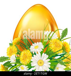 Frohe Ostern Banner Vorlage. Goldener Glanz realistische Ei bunte Frühlingsblumen Kamille, Löwenzahn. Poster für Frühlingsferien Stock Vektor