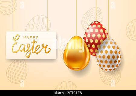 Frohe Ostern farbige Eier Banner Vorlage, Schriftzug. Realistischer Glanz verziert, bemalte Eier. Poster für Frühlingsferien Stock Vektor