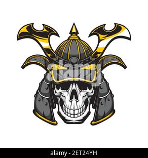 Samurai Totenkopf mit japanischen Krieger Helm Vektor-Design von Cartoon Maskottchen, Tattoo oder T-Shirt-Print. Skelettkopf des alten japanischen Soldaten trägt BL Stock Vektor