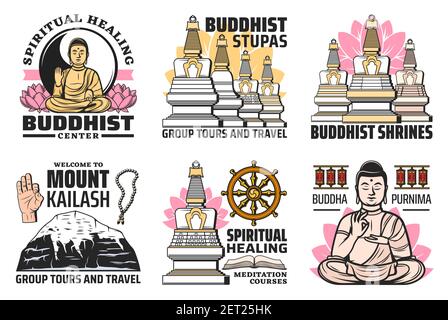 Buddhismus Religion Symbole Vektor-Symbole. Buddhistische symbolische Perlen, Stupa, tibetischer Kailash Berg, Lotus, Gebetsräder. Buddha-Statue, Dharma-Rad, g Stock Vektor