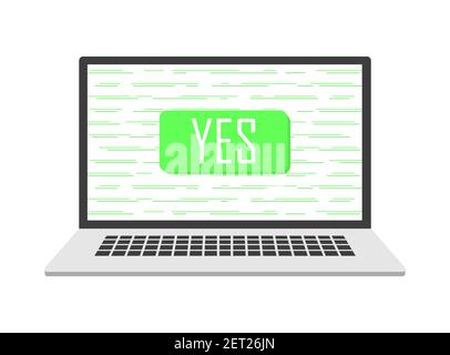 Flacher Knopf mit grünem ja Laptop auf weißem Hintergrund, tolles Design für jeden Zweck. Markensymbol-Vektordesign aktivieren. Stock Vektor
