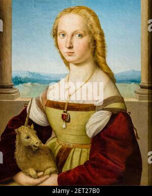 Italienische Kunst, Unicorn Lady, weibliches Porträt, Junge Frau mit Unicorn, von Raffaello Sanzio da Urbino (Raphael), Galleria Borghese Museum, Rom, Italien Stockfoto