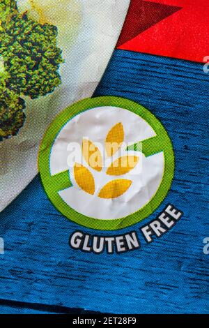 Gluten free Symbol Logo Detail auf Packung von Tante Bessie's Knusprige und flauschige Krawatten Stockfoto