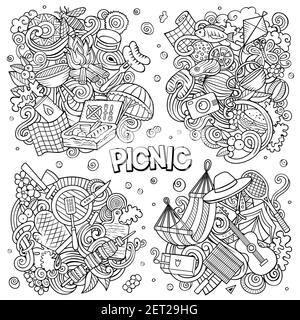 Picknick Cartoon Vektor Doodle Designs Set. Line Art detaillierte Kompositionen mit viel Nahrung und Naturobjekten und Symbolen. Alle Elemente sind getrennt Stock Vektor