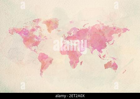 Aquarell Vintage Weltkarte in rosa Farben auf Papier Textur. Bunte künstlerische Bild der Erde. Stockfoto