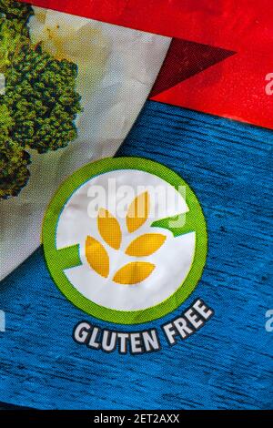 Gluten free Symbol Logo Detail auf Packung von Tante Bessie's Knusprige und flauschige Krawatten Stockfoto