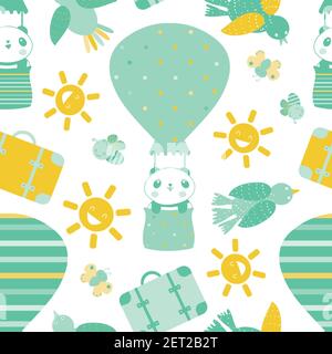 Cute Kawaii Panda Reisen in Heißluftballons nahtlose Vektor-Muster Hintergrund. Blaugelbe Kulisse mit Cartoon-Bären., Koffer, Sonne Stock Vektor