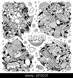 Hawaii Cartoon Vektor Doodle Designs Set. Line Art detaillierte Kompositionen mit vielen hawaiianischen Objekten und Symbolen. Alle Elemente sind getrennt Stock Vektor