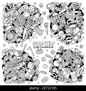 Sport Cartoon Vektor Doodle Designs Set. Line Art detaillierte Kompositionen mit vielen Sportobjekten und Symbolen. Alle Elemente sind getrennt Stock Vektor