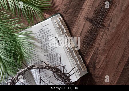 Dornenkrone und offene bibel mit Palmblättern Dunkler Holzhintergrund mit Kopierraum Stockfoto