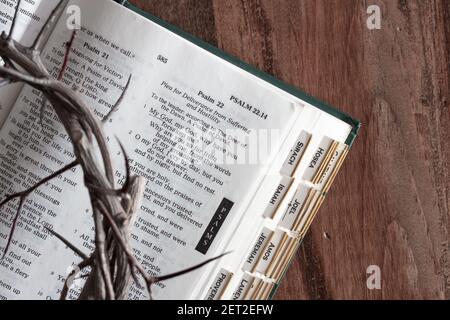 Nahaufnahme der Dornenkrone auf der geöffneten bibel auf Dunkler Holzhintergrund Stockfoto