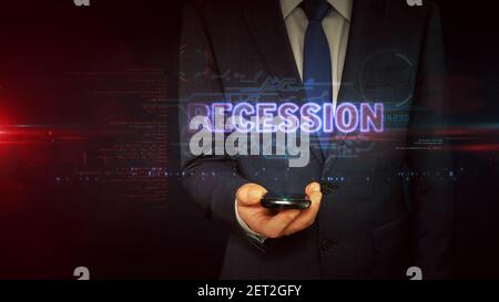 Rezessionskonzept, globale Unternehmenskrise, Finanzmarkt-, Wirtschafts- und Handelszusammenbruch. Futuristische abstrakte 3D Rendering Illustration. Stockfoto