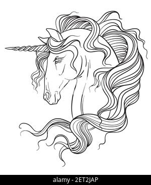Eleganter Kopf des Einhorns mit einer langen Mähne. Vektor schwarz-weiß isolierte Kontur Illustration zum Ausmalen Buchseiten, Design, Drucke, Poster, p Stock Vektor