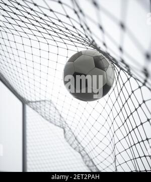 Fußball, erzielte das Tor und bewegen das Netz. 3D Abbildung, auf weißem Hintergrund. Stockfoto