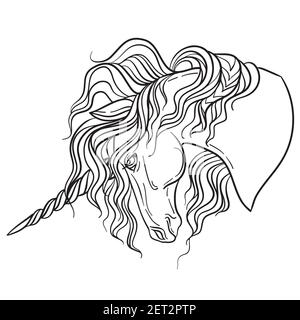 Schönes Profil des Einhorns mit einer langen Mähne. Vektor schwarz-weiß isolierte Kontur Illustration zum Ausmalen Buchseiten, Design, Drucke, poste Stock Vektor