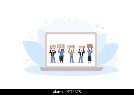 Bewertung durch Kunden. Feedback-Konzept. Kunden stehen und halten Rohlinge mit goldenen Sternen auf Laptop-Bildschirm. Reputation im Online-Shop. Einkaufswebsites Stock Vektor