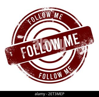 Follow me - roter runder Grunge-Knopf, Stempel Stockfoto